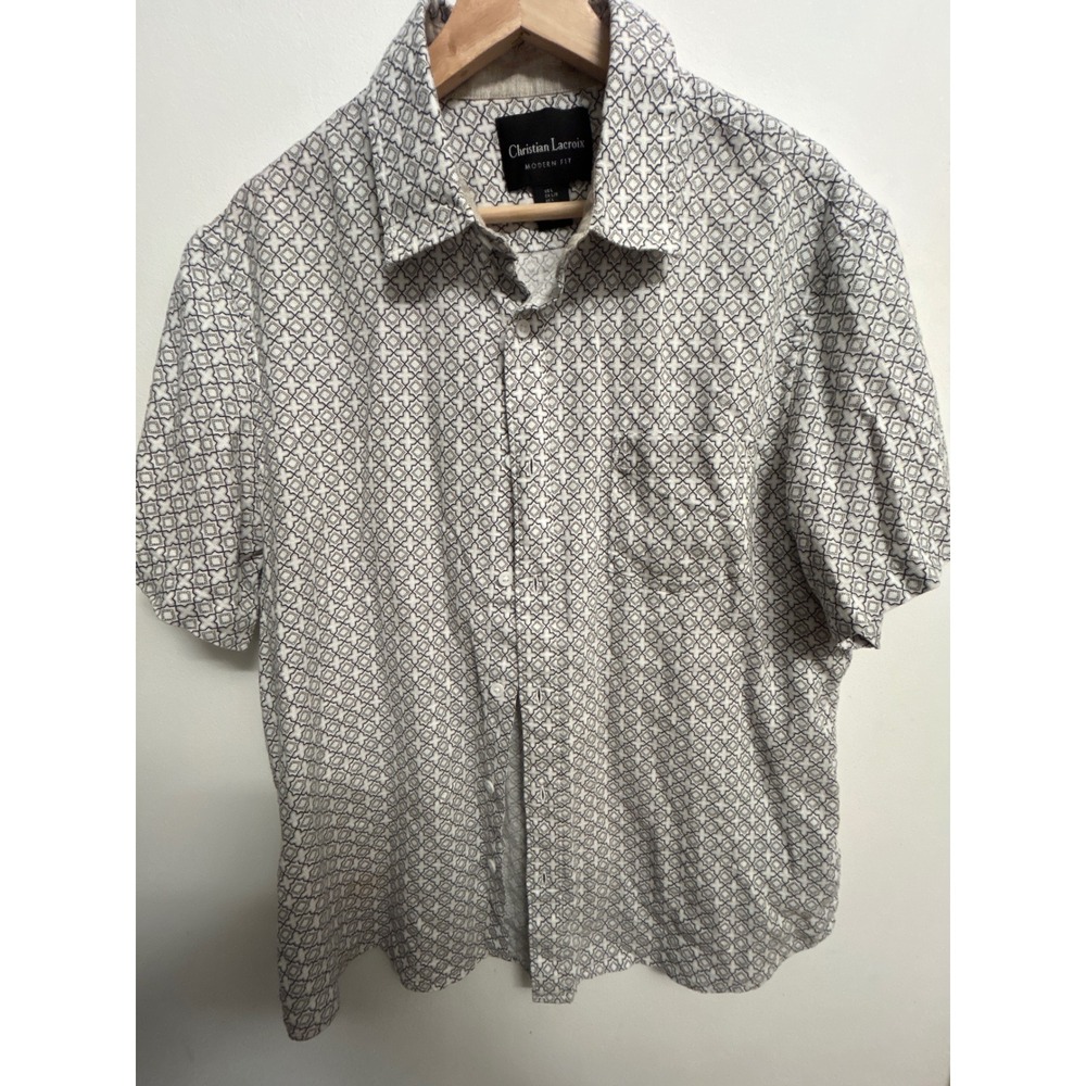 Christian Lacroix Mens Modern Fit Linen Blend Short Sleeve Button Down Shirt L